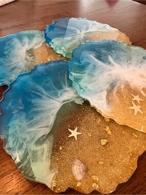 Handcrafted Ocean Blue and Sand Resin Coaster Set (Made when ordered)
